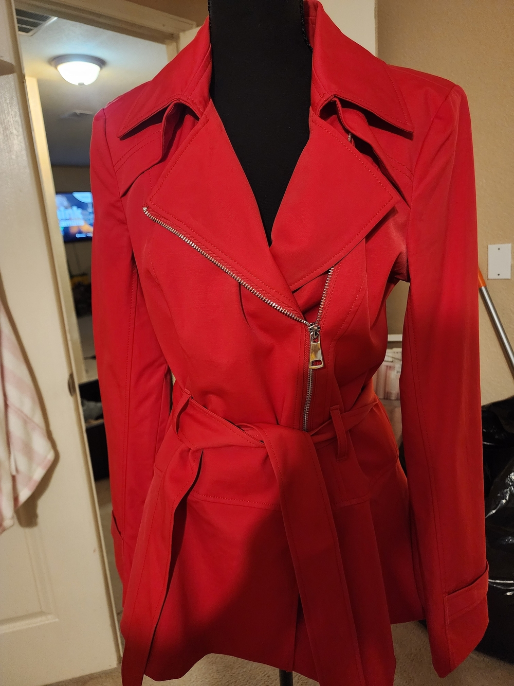 bebe Red Asymmetrical Zip Trench Coat with Waist Tie